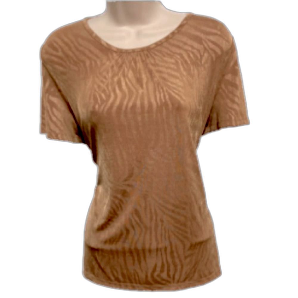 ZEBRA Animal Print Beige Tan Short Sleeve top Jacqueline Smith Womens Medium